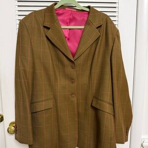 Elegant Brown Checkered Pinstriped Women's Blazer with Pink Lining